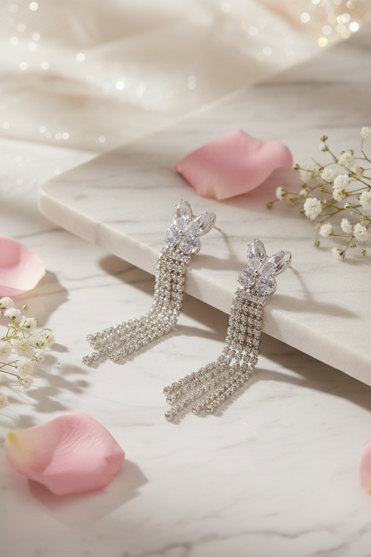 Crystal Butterfly Long Tassel Earrings for Women | Luxury CZ Party & Wedding Jewelry