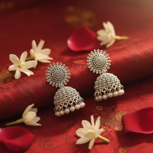 Oxidised Silver Pearl Jhumka Earrings for Women | Traditional Ethnic Wedding Jewelry