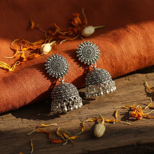 Oxidised Silver Traditional Jhumka Earrings for Women | Ethnic Boho Statement Jewelry