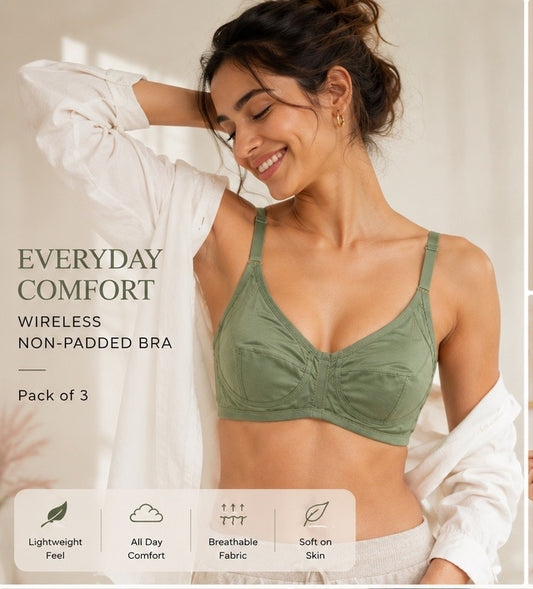 Everyday Comfort Wireless Non-Padded Bra – Pack of 3 (Pink, Navy Blue & Green)
