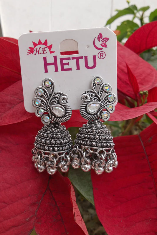 Oxidised Silver Peacock Jhumka Earrings for Women | Traditional Ethnic Jewelry