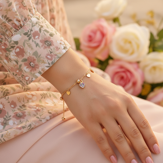 Gold Heart Charm Bracelet for Women | Adjustable Stylish Bracelet for Girls