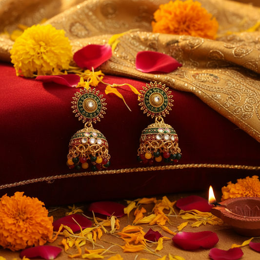 Multicolor Kundan Jhumka Earrings for Women | Traditional Gold Plated Festive & Wedding Jewelry