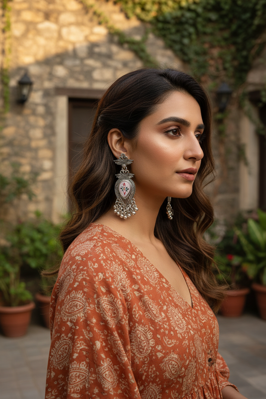 Oxidised Silver Designer Drop Earrings for Women | Ethnic Boho Statement Jewelry