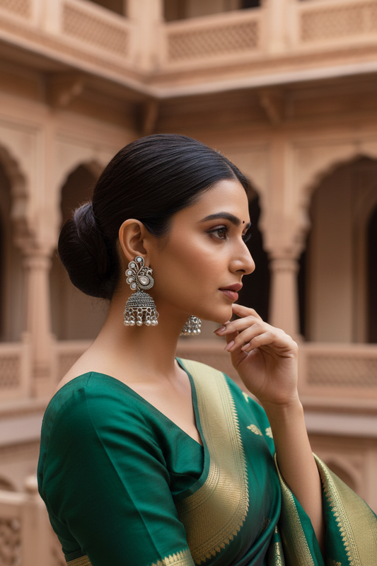 Oxidised Silver Peacock Jhumka Earrings - Model Wearing