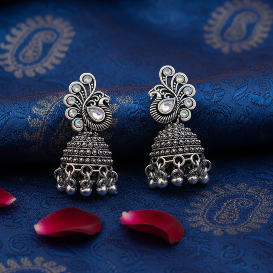 Oxidised Silver Peacock Jhumka Earrings for Women | Traditional Ethnic Jewelry